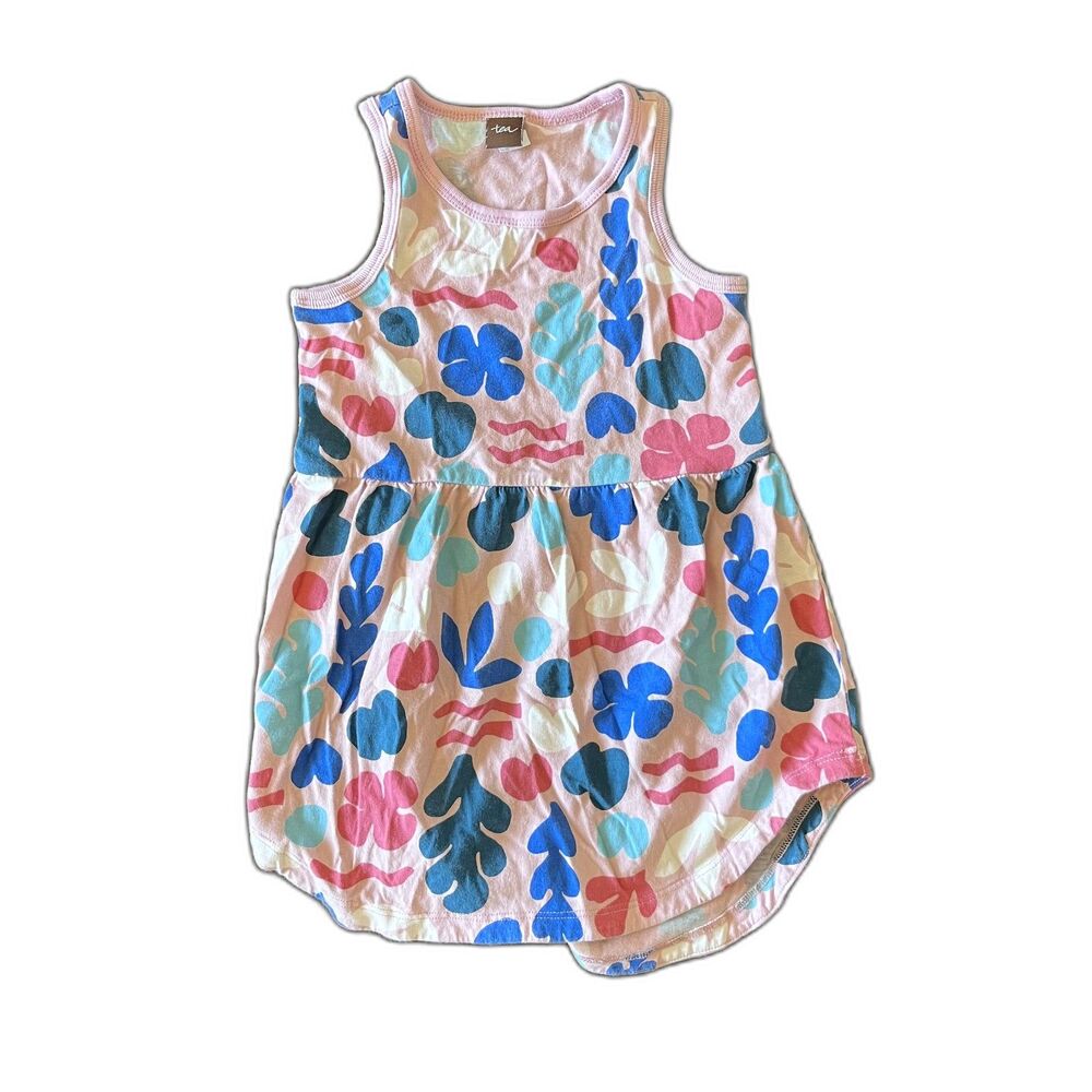 Tea Collection Girls Size 3 Abstract Botanical Floral Cotton Dress Pink Blue